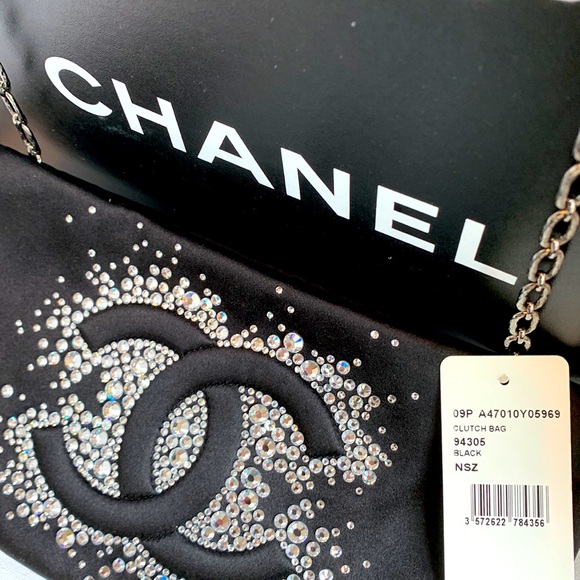 CHANEL 🖤 Rare Diamonte Swarovski Crystal Studded CC Black Satin Silk Chain Bag - Picture 14 of 16